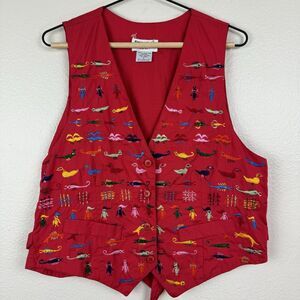 Vintage Essentials Sport Embroidered Sea Creatures Bugs Cotton Vest Red Large